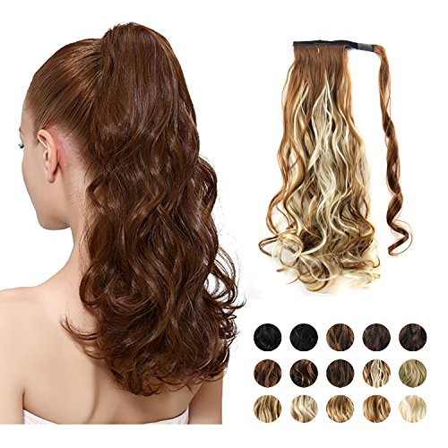 FEHSFEN 21â€ Curly Wrap Around Ponytail Hair Extensions Long Wavy Clip in Synthetic Hair Ponytail Hairpieces for Women(Medium Brown mix Bleach Blonde Unevenly)