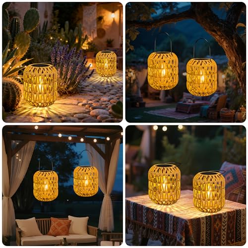 Solar Lantern for Outdoors, Pack of 2, Boho Decorative Outdoor Solar Lanterns, Weatherproof, Rattan Solar Lights for Outdoor Garden, Hanging/Standing for Patio, Garden, Courtyard, Balcony, Decorative