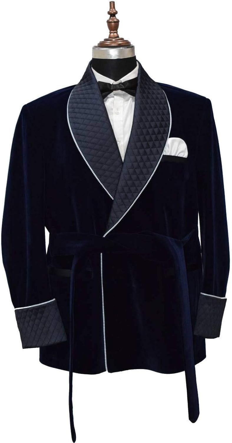 Men Smoking Jacket Long Blue Velvet Jacket for Men Hosting Dinner