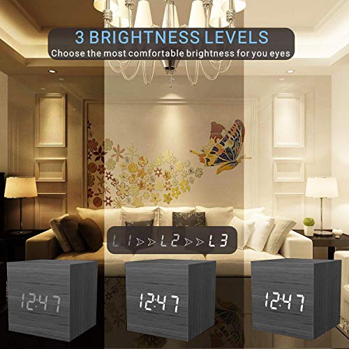 MiCar Digital Alarm Clock, Wood LED Light Mini Modern Cube Desk Alarm Clock Displays Time Date