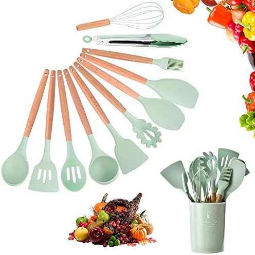 URMOSTIN Silicone Cooking Utensils Kitchen Utensil Set - 12 Pieces Natural Wooden Handle Heat Resistant and Non Stick Cookware include Turner Tongs Spatula Spoon Ladle Pasta Fork - Best Kitchen Tools