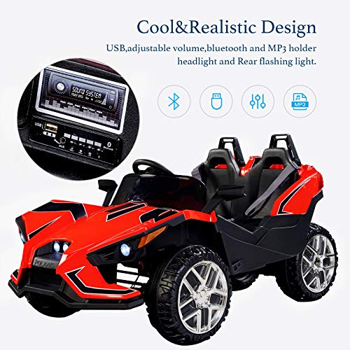 Uenjoy 2 Seats Kids Car 12V Ride On Racer Cars w/Remote Control,Spring Suspension Wheels,4 Speeds,LED Lights,Music,Red