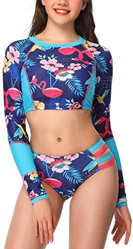 Verano Playa Women Long Sleeve Rash Guard Swimsuit Surfing Crop Top Swimwear Two Piece Splice Sporty Bathing Suit