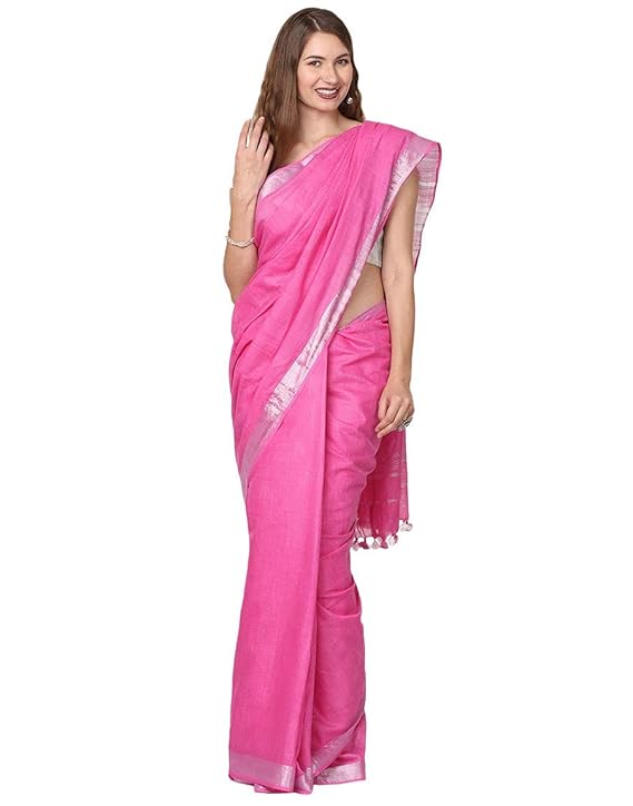 For Womens Bhagalpuri Cotton Slub Rose pink Saree With Plain Zari Border Running Blouse Piece
