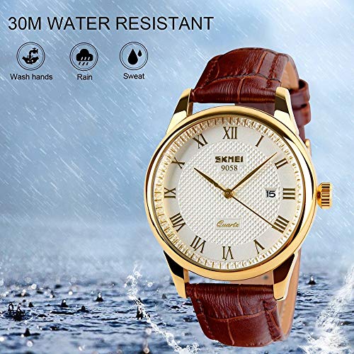 Mens Quartz Watch, Roman Numeral Business Casual Fashion Analog Wrist Watch Classic Calendar Date Window, Waterproof 30M Water Resistant Comfortable PU Leather Watches (Gold) - Thumbnail 3
