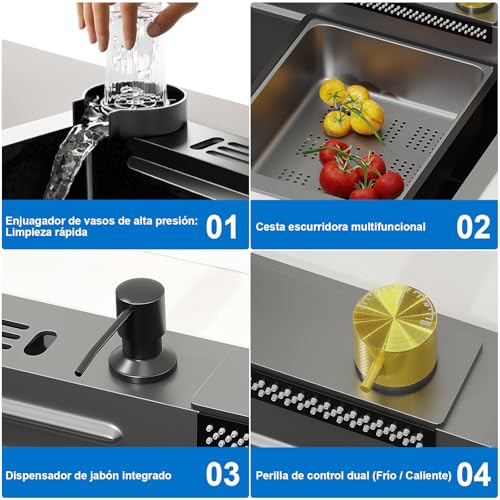 SKM-MX Fregadero de Cocina Acero Inoxidable 68x45cm, Tarja Lavabo con Grifo en Cascada, Lavavasos, Cesta de Drenaje, etc., Negro