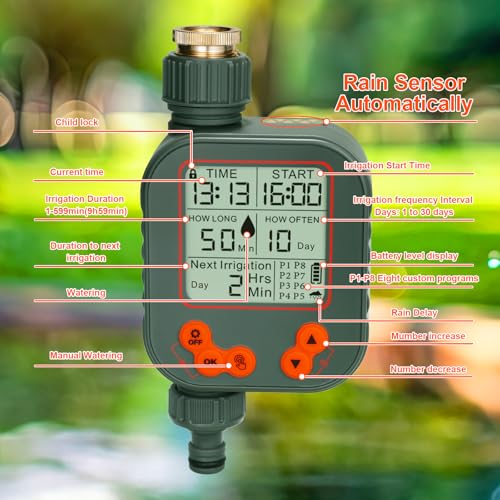 Battery Powered Irrigation Programmer, Irrigation Timer with Rain Sensor and 8 Separate Watering Modes Automatic/Manual Computer Irrigation for Garden, Lawn, Patio, Farm