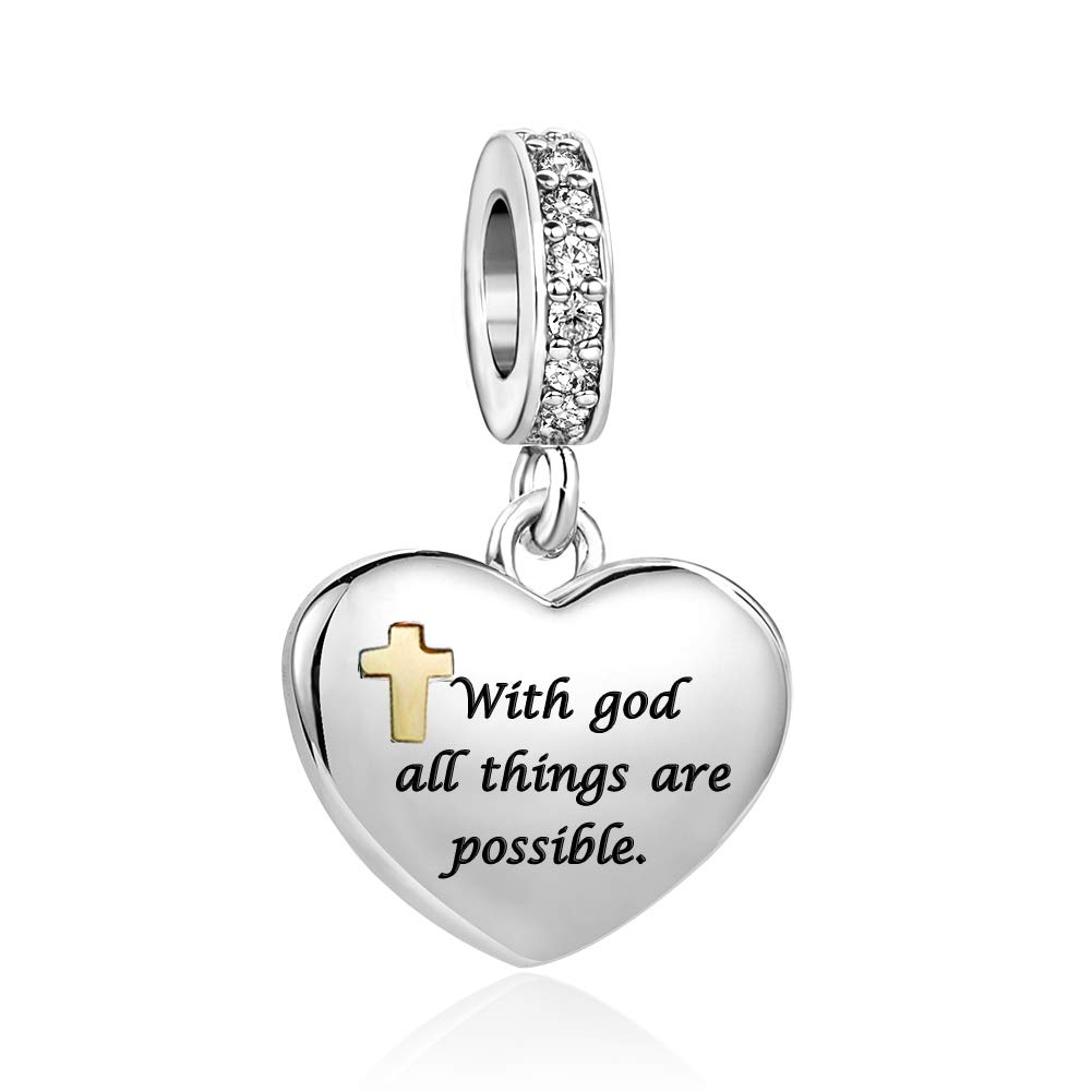 Gold Cross Bible Verse Love Heart Dangle Charm Compatible with Pandora Charms Bracelets With God All Things are Possible Matthew