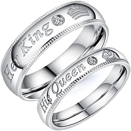 2pcs Silver Matching Couple Promise Rings Set His Queen Her King Stainless Steel Engagement Anniversary Rings Couple Jewelry Gifts