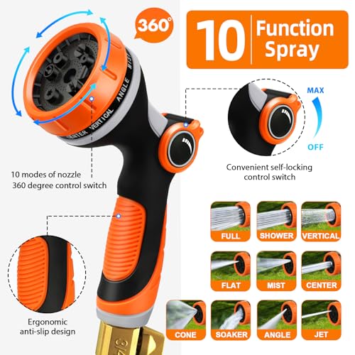 SKYAYA 100FT Expandable Garden Hose Pipe, Flexible Hosepipe for Lawn Expanding Retractable with 10 Function Spray Gun Nozzle, Magic Water Hose Attachments 3/4"& 1/2" Solid Brass Connectors, Anti-Kink