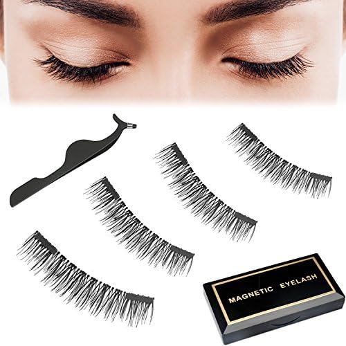 Moolia Magnetic Eyelashes, Reusable No Glue 3D Natural Look False Fake Lashes with Applicator, Double Magnets Ultra-Thin and Full Eye Lightweight Eyelash (1 Pair 4 Pics)