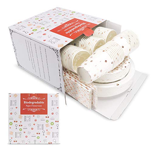 200PCS Disposable Paper Plates Party Supplies- Rose Gold Dots 50 Dinner Plates 50 Dessert Plates 50 Paper Straws and 50 9 oz Cups Biodegradable Heavy Duty for Birthday Wedding Party - Thumbnail 5