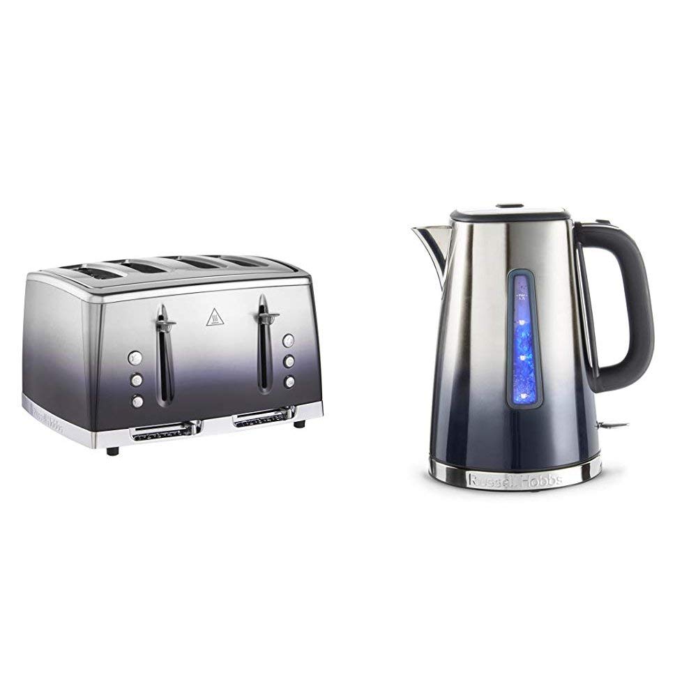 Russell Hobbs 25141 Eclipse Polished Stainless Steel Ombre Four Slice Toaster, Midnight Blue with Kettle