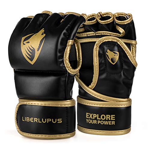 Liberlupus MMA Gloves, UFC Boxing Fight Gloves MMA Mitts with Adjustable Wrist Band for Sanda Sparring Punching Bag Training (Black & Gold, S/M)