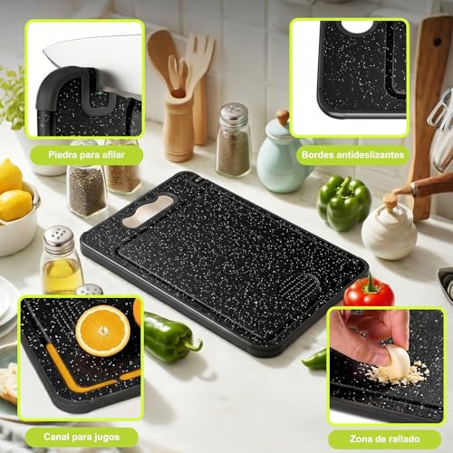 2PCS Tabla para Picar de Doble(Acero Inoxidable+PP)–36.5×25CM,Titanium Cutting Board,Tabla de Cortar Cocina para Carne,Frutas,Verduras,Colgable,Lavavajillas,Duradera y Anticorrosiva