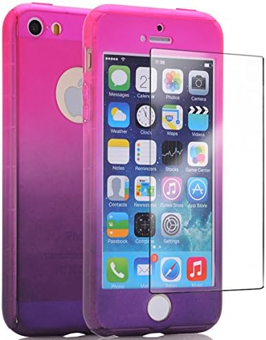 IPhone SE Case With Tempered Glass Screen Protector, LIBERWILL Colorful Ombre 360 Full Body Protector Slim Fit Ombre Fade Rose to Purple Ultra Thin Light Weight Hard Snap-On Case for Apple iPhone SE