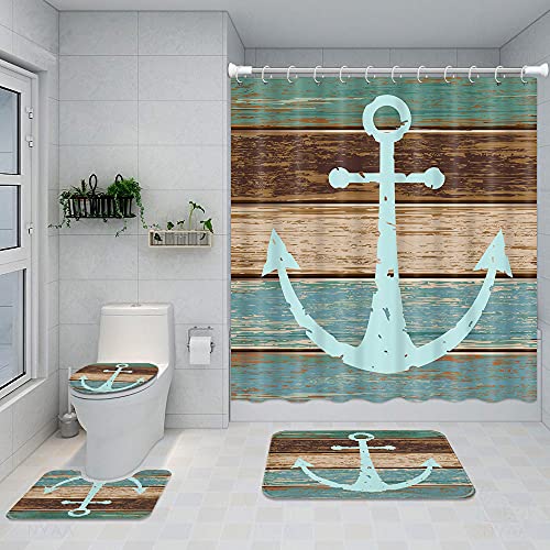 ArtSocket 4PC Nautical Anchor Shower Curtain Sets with Rugs, Bathroom