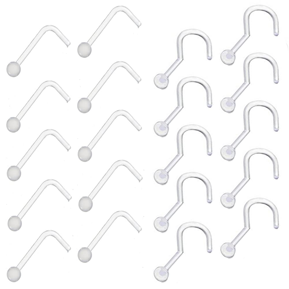 2Pack (20PCS) Clear Plastic Nose Ring Retainers Cartilage Lip Eyebrow Stud Flexible Nose Rings Studs Body Piercing Jewelry for Men and Women