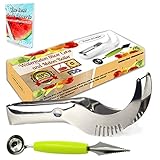 Watermelon Slicer Corer & Server Tongs - Eco friendly Fruit & Vegetable Tools Set Stainless Steel - Dual-Purpose Melon Baller - Perfect Watermelon Cutter + Bonus E-Book