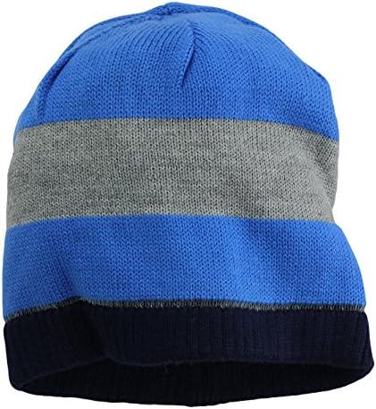 Nolan Boys Striped Beanie Hat Reversible Winter Hat Royal Blue Grey Size 4-14
