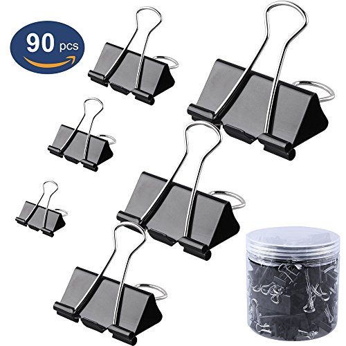 Binder Clips 90 PCS, OUHL Paper Clamp Clips 6 Assorted Sizes for Teachers Students Notes Letter Schools Office Home Kitchen (Black)