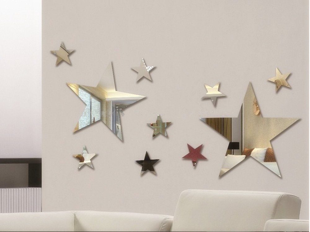 Set of 10pcs Creative Five Stars Wall Mirror Sticker For Kids Child `s Bedroom Home Deco, 3D DIY Crystal Wall Decal Murals