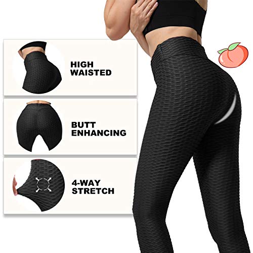 Women\'s High Waist Yoga Pants - Tummy Control Slimming Booty Leggings Workout Running Butt Lift Textured Tights Black