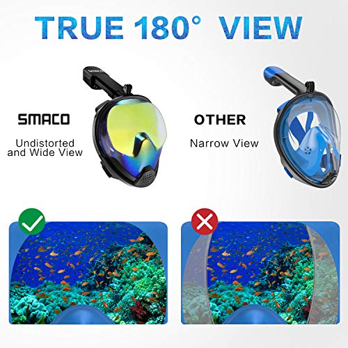 SMACO Professional Breathe Easier Panoramic Full Face Snorkeling Mask Fog-Free GoPro Compatible for Adults and Youth. (Black/UV, Large/X-Large)