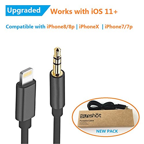 sunshot Lightning to 3.5mm Male to Male Aux Stereo Audio Gold Cord cable for iPhone 7 & 7 Plus - Premium Headphone Adapter to Car Stereo (3.5mm Aux Cable 3.3ft / 1M) (Black)