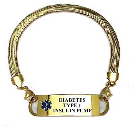 Pre-engraved Gold Plated Chevron Pattern Medical Alert Identification Bracelet - Choose from Diabetes, Blood Thinner, Seizures, Asthma, Pacemaker, Allergy more...