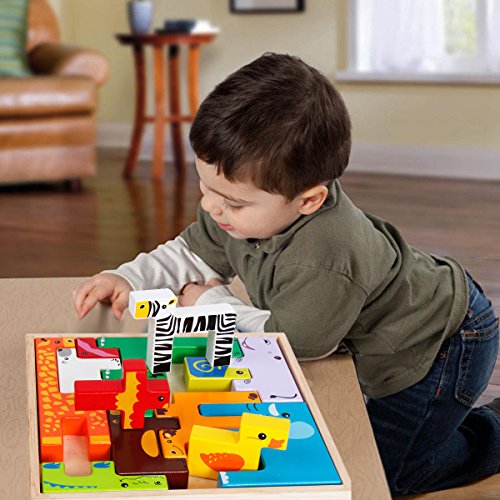 Wondertoys 13 Pieces Wooden Animal Blocks with Book Guide Stacking Game Educational Toys for Children Baby