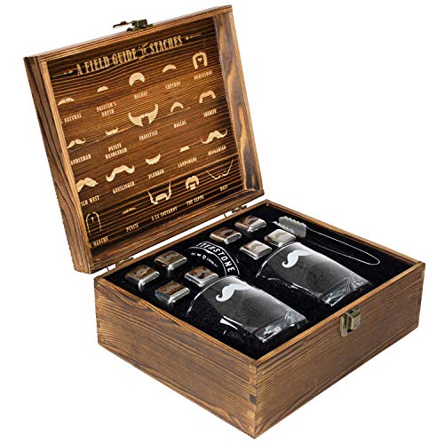 Atterstone Whiskey Glass Box Set Includes 2 Glasses, 8 Chilling Stones, Storage Bag, Silicone-Ended Tongs, and Wood Box with Etched interior, Gift Box Set