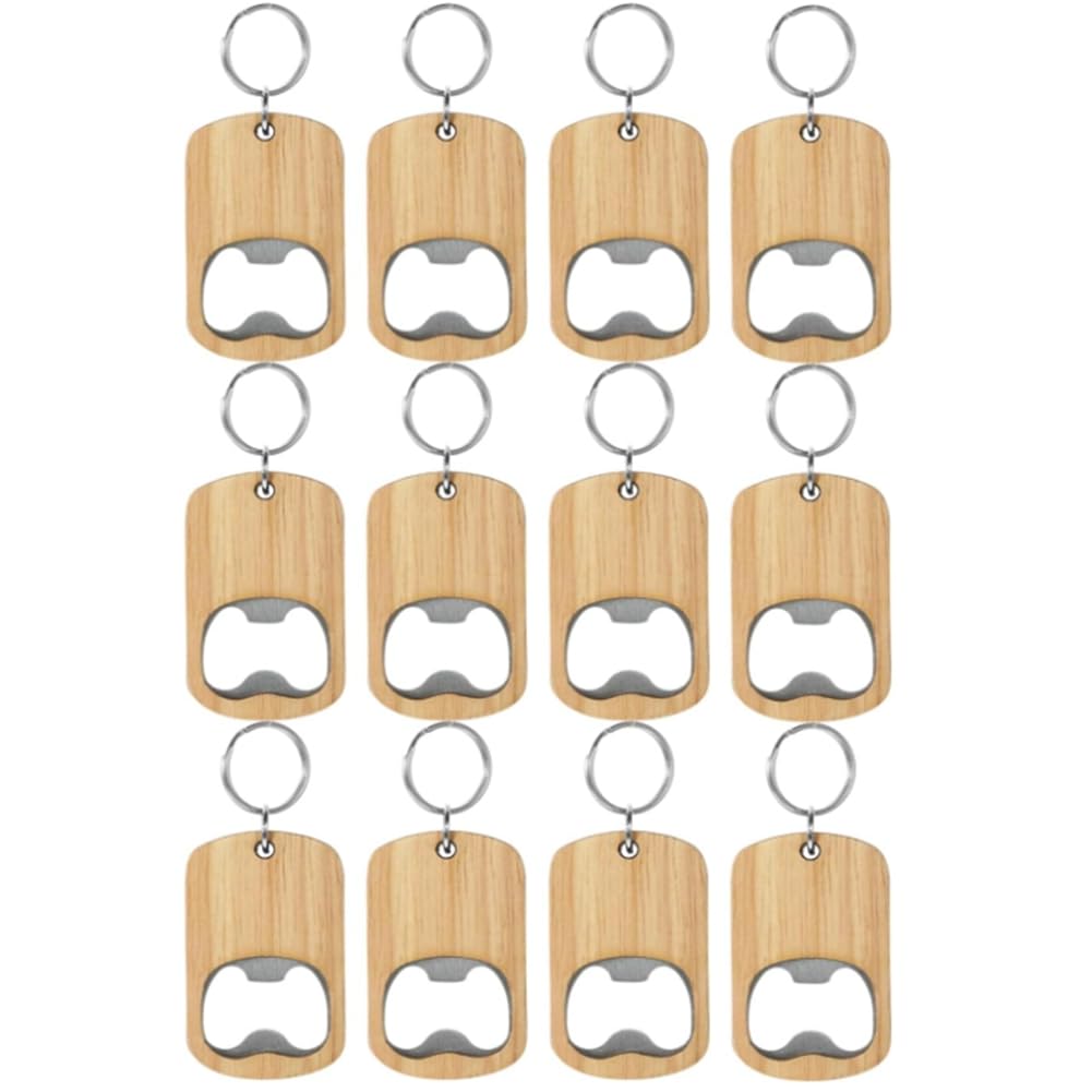 Arivend 12Pack Wood Bottle Opener Wooden Keychain Bottle Openers Set Blanks Wood Engraving Key Chains Key Tag for Home Kitchen, Easy to Use