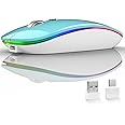 Uiosmuph LED Wireless Silent Mouse, G12 Slim Rechargeable, 2.4G Portable USB Optical Computer Mice with USB Receiver and Type C Adapter (Blue)