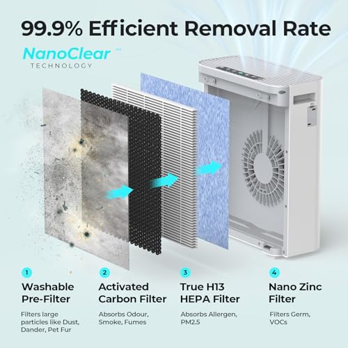 Homvana Air Purifier for Home Larger Room Bedroom, H13 True HEPA Air Filter Purifiers Cleaner, with Auto Mode, Quality Indicator, SilentAir Tech, Ozone Free for Pets Allergies Smokers Dust Pollen etc