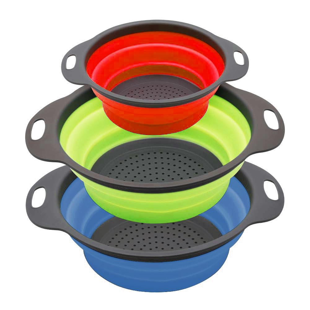 Collapsible Colander/Strainer Set of 3, Silicone Kitchen Strainers with Plastic Handles, 4 Quart & 2 Quart Sink Colander, Perfect for Draining Pasta, Vegetable,Fruits