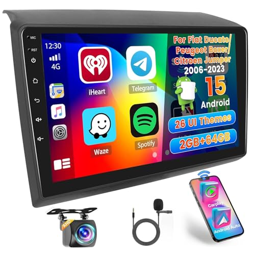 Hikity 2+64G Car Radio for Peugeot Boxer Fiat Ducato Citroen Jumper 2006-2023 with Carplay Android Auto, 9'' Touch Screen Android 15 Radio with Mirror Link FM/RDS EQ WiFi Bluetooth GPS SWC Camera