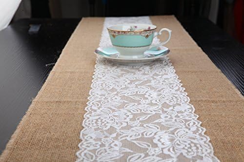 MEIHUA Natural Burlap Table Runner w/Center Lace Sew Edge Wedding Decor Rustic Shabby Chic Hessian Jute Outdoor Party YW (108")