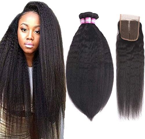 Brazilian Kinky Straight Human Hair 3 Bundles With Closure (12 14 16 + 10) Yaki Human Hair Weave 8A Brazilian Virgin Kinkys Straight Hair Bundles With Lace Closure Middle Part Natural Color