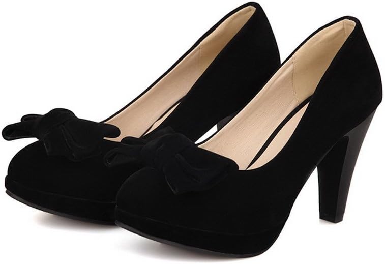 AmoonyFashion Girls Closed Round Toe High Heel Chunky Heels Platform PU Frosted Solid Pumps with Bowknot, Black, 36