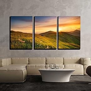 Mountain Field During Sunset Beautiful Natural Landscape x3 Panels