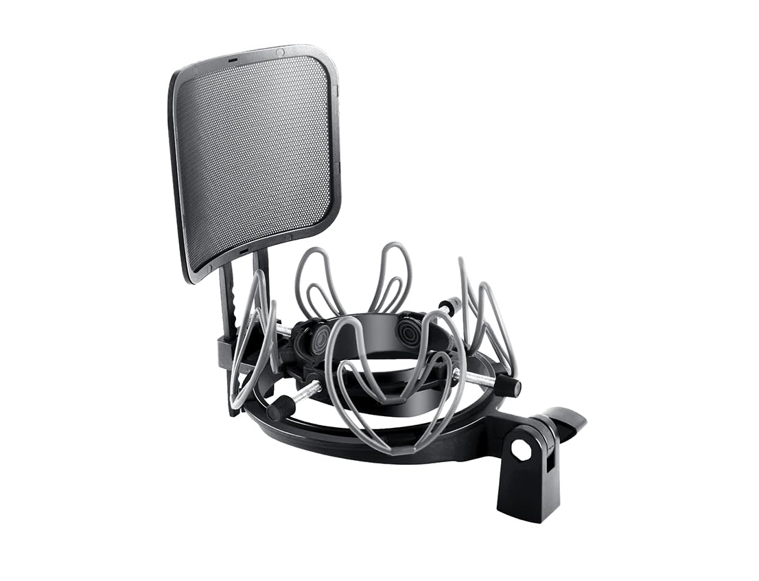 SUUNTOK Universal Microphone Shock Mount with Pop Filter for Condenser Microphones Size at 21-62mm Anti-Vibration Mic Holder Clip(Black) — image 1