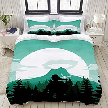 Mokale Reversible Beige Duvet Cover King,The Legend of Zelda - Green Version Home Hotel Dorm Decorative Bedding Set + 2 Pillow Cases,Printed (104