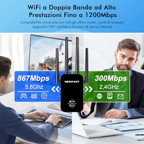 NEWFAST WiFi Repeater AC1200 WiFi Signal Amplifier 5GHzy2.4GHz Wi-Fi Amplifier, 4 x 3dBi Antennas, Access Point with 360° Coverage, Wi-Fi Extender (Black)