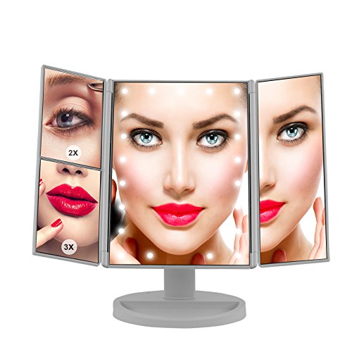 Makeup Mirror, LED Vanity Mirror with 21 LED Lights – 3X/2X Magnifying Tri-Fold Countertop Cosmetic Mirror for Bedroom, Bathroom. Portable Design, Touch Screen and 180° Adjustable Rotation - Thumbnail 5