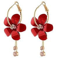 Korean Women Camellia Flower Long Tassel Faux RhinestoneParty Leaverback Earrings - Red qsbai