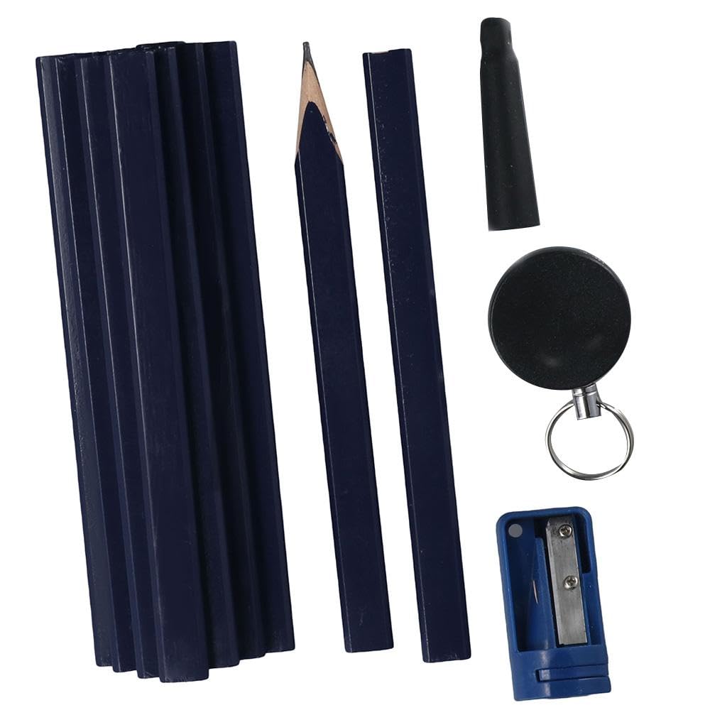 Risedot 12 Pieces Flat Octagonal Hard Black Carpenter Marking Pencils, with Pencil Sharpener and Retractable Pencil Holder
