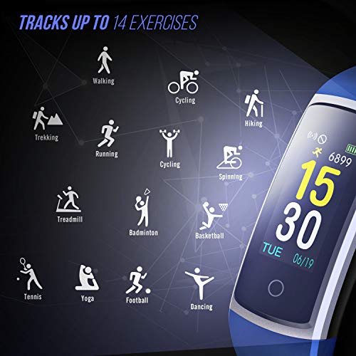 FITFORT Fitness Tracker with Blood Pressure HR Monitor - 2019 Upgraded Activity Tracker Watch with Heart Rate Color Monitor IP68 Pedometer Calorie Counter and 14 Sports Tracking for Women Kids Men