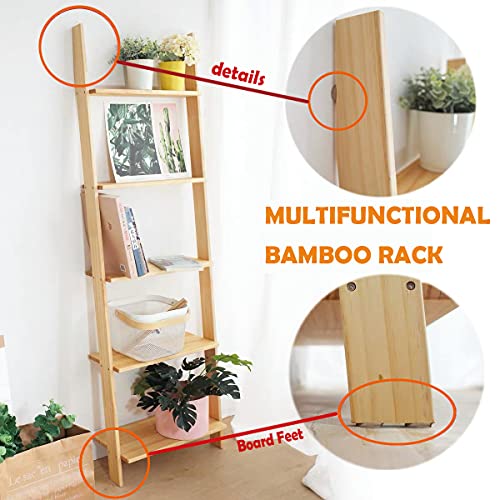 HYNAWIN Ladder Shelf 5Tier Bookshelf Bamboo Storage Rack Shelves Wall