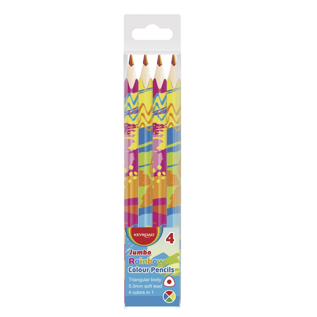 Keyroad Jumbo Rainbow Coloured Pencils Triangular Shape - 4 Pieces/Soft Graphite/Mixed Colours/Adults and Children/Hanging Hole, Multi, KR972103